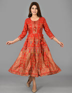 Kaajh Women's Red Gold Print Rayon Kurta | Grocsy