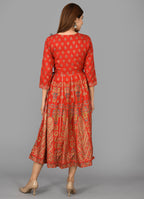 Kaajh Women's Red Gold Print Rayon Kurta | Grocsy