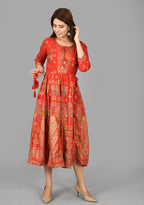 Kaajh Women's Red Gold Print Rayon Kurta | Grocsy