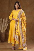 Kaajh Women's Yellow Mirror Embroidery Anarkali Suit Set | Grocsy