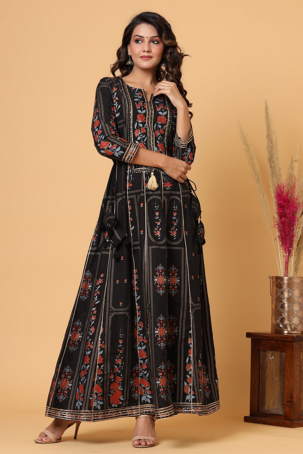 Kaajh Women's Black Embellishment Printed Anarkali Kurta | Grocsy