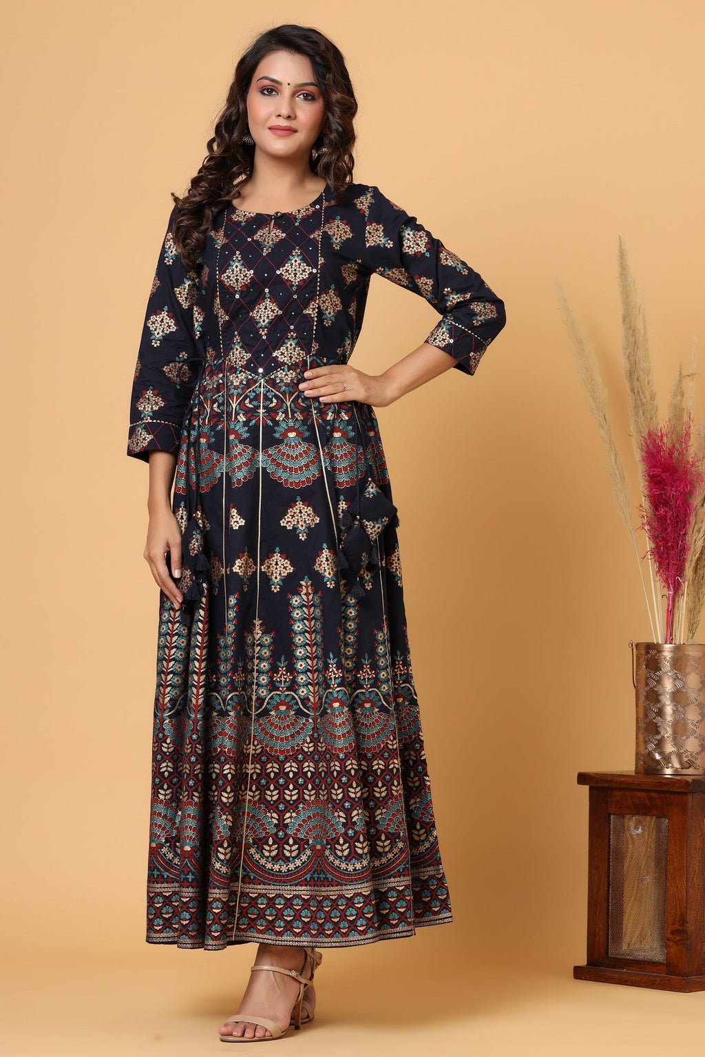 Kaajh Blue Gold Printed Embellishment Anarkali Kurta For Women | Grocsy