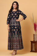 Kaajh Blue Gold Printed Embellishment Anarkali Kurta For Women | Grocsy