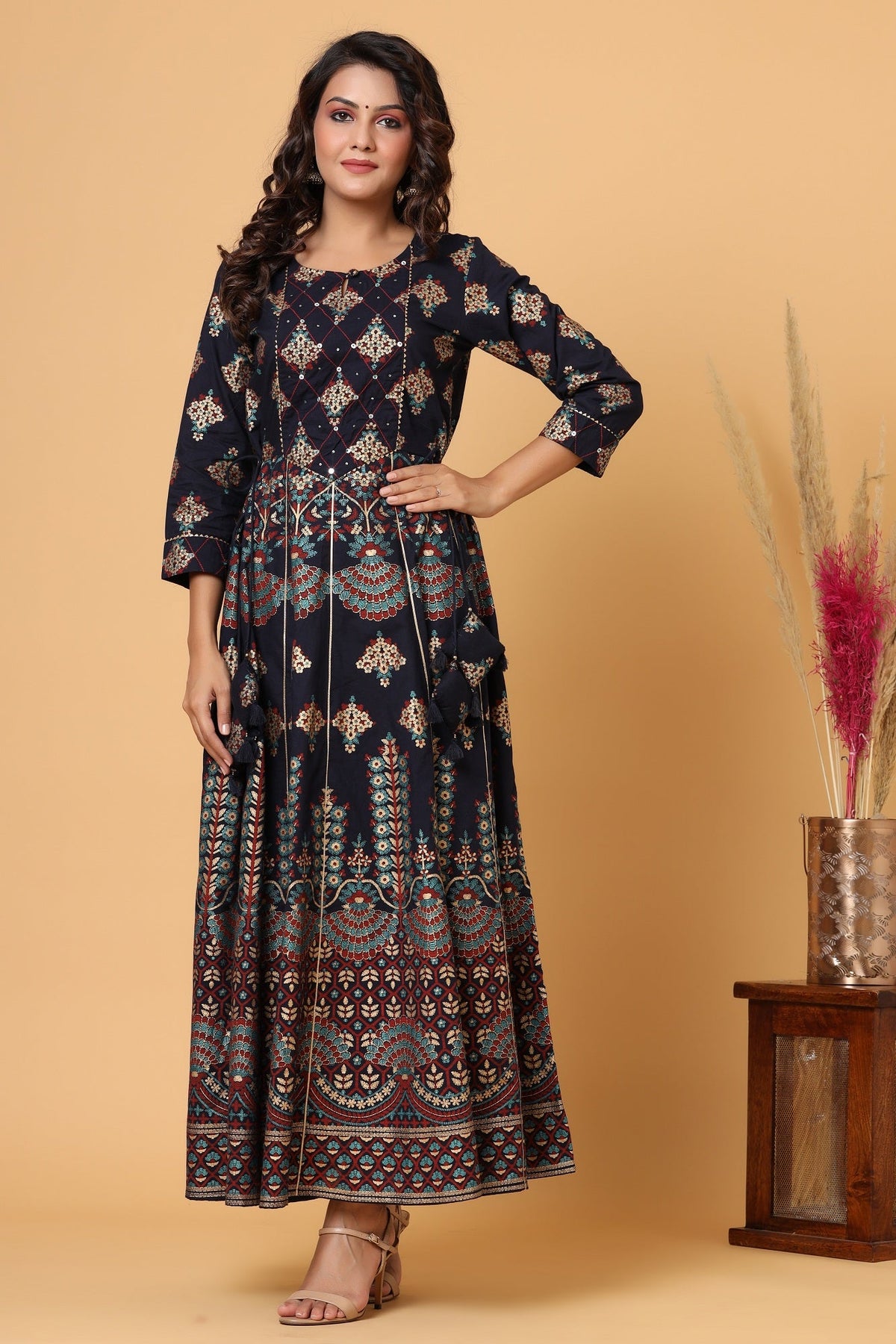 Kaajh Blue Gold Printed Embellishment Anarkali Kurta For Women | Grocsy