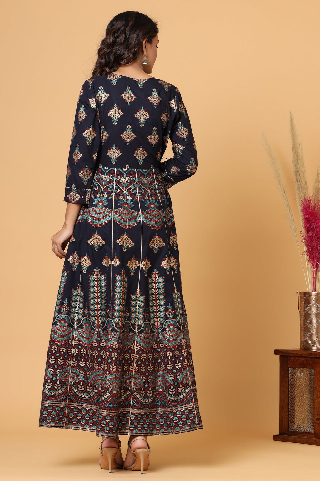 Kaajh Blue Gold Printed Embellishment Anarkali Kurta For Women | Grocsy