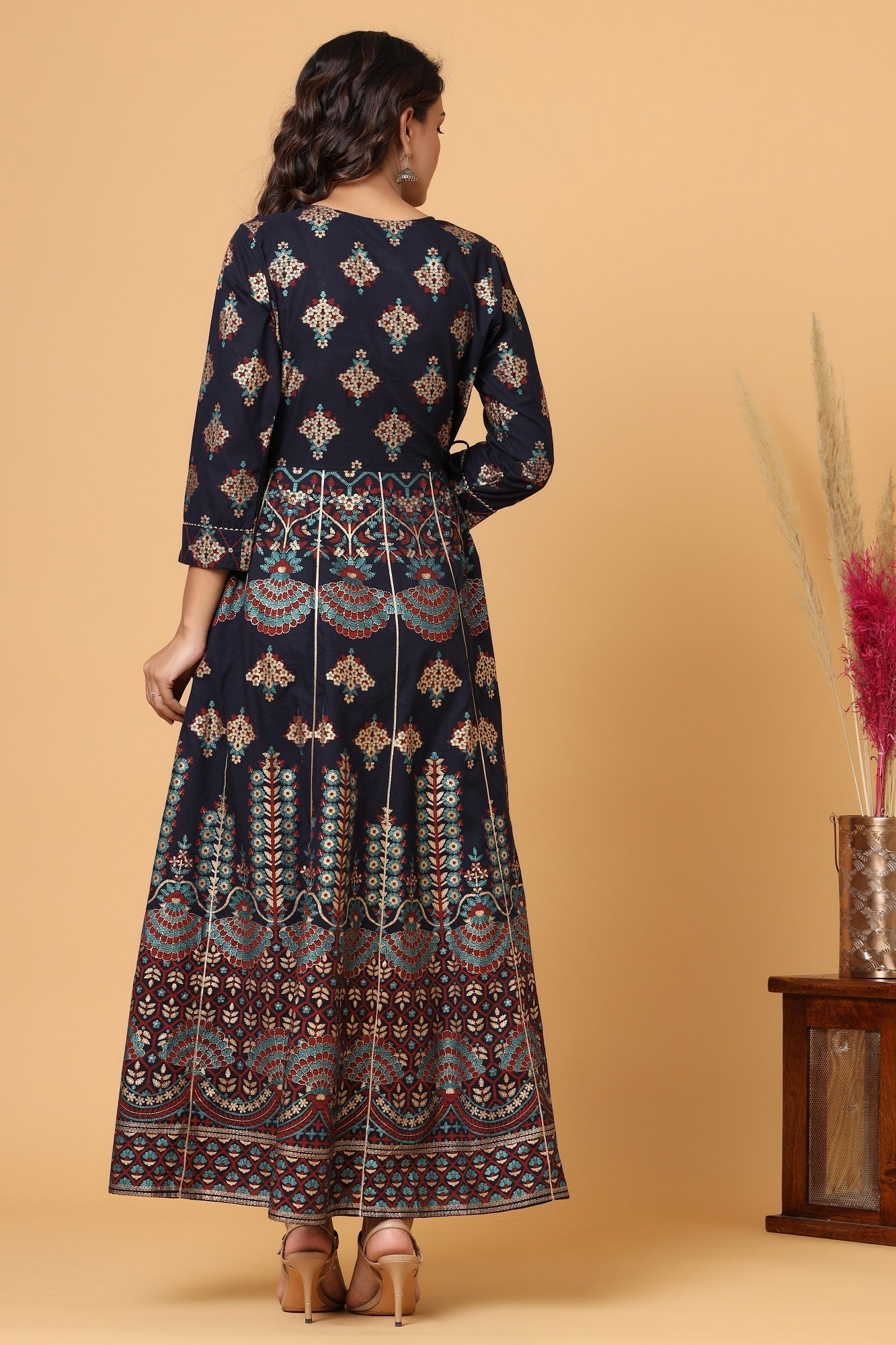 Kaajh Blue Gold Printed Embellishment Anarkali Kurta For Women | Grocsy