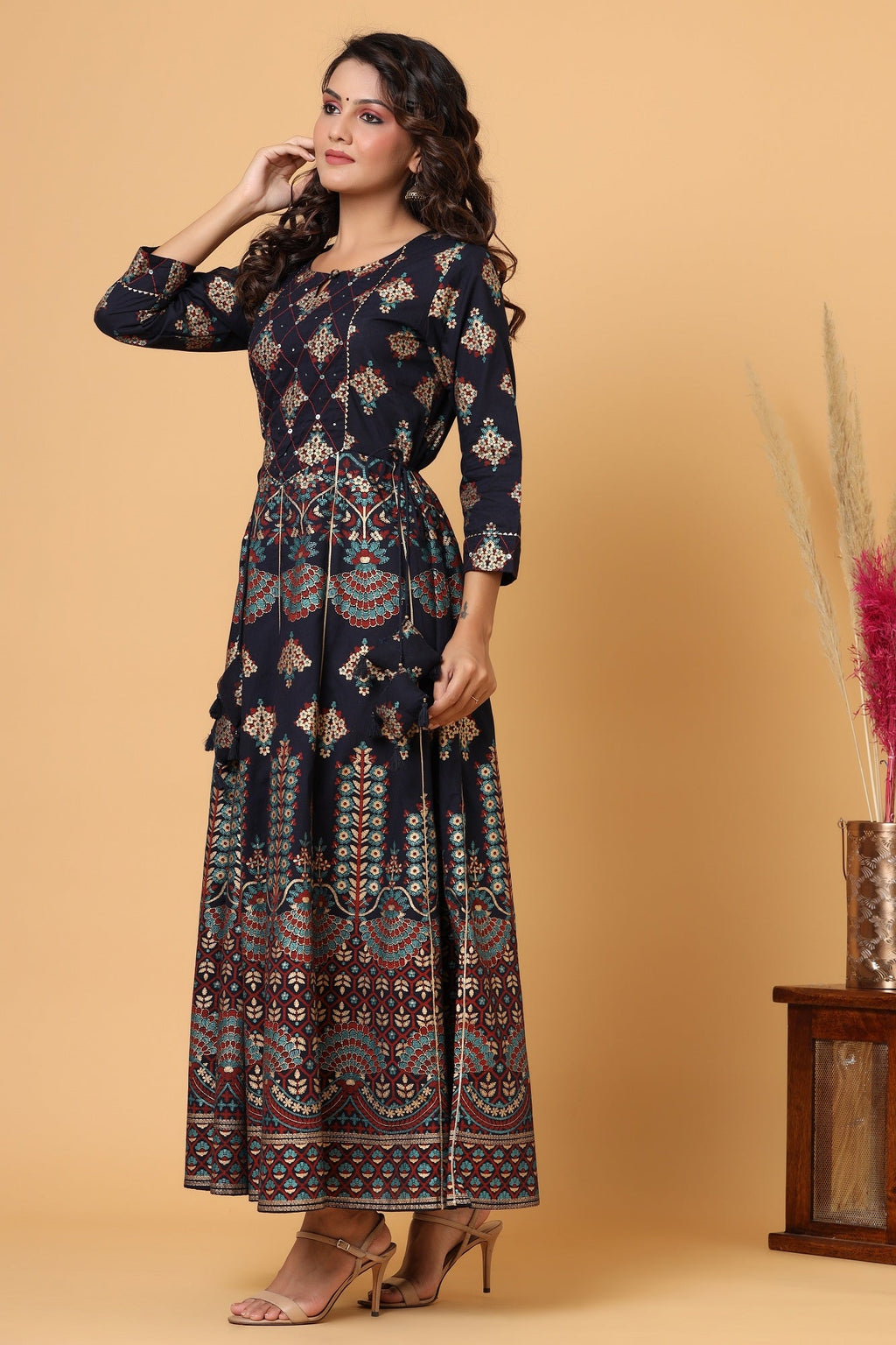 Kaajh Blue Gold Printed Embellishment Anarkali Kurta For Women | Grocsy