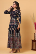 Kaajh Blue Gold Printed Embellishment Anarkali Kurta For Women | Grocsy