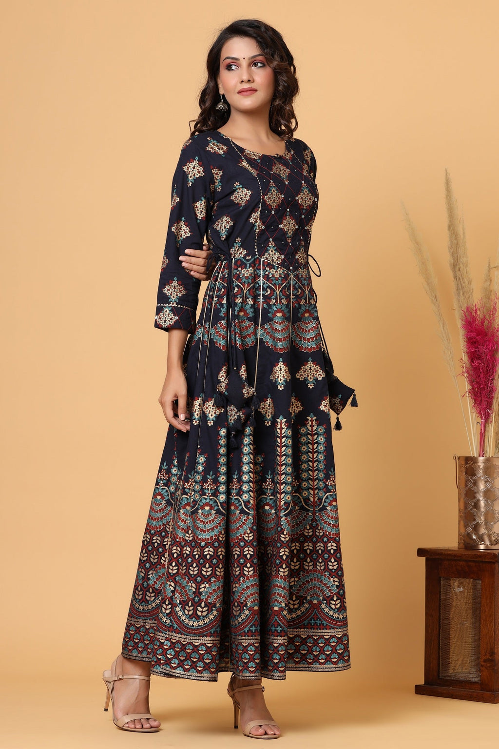 Kaajh Blue Gold Printed Embellishment Anarkali Kurta For Women | Grocsy