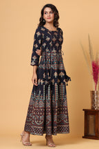 Kaajh Blue Gold Printed Embellishment Anarkali Kurta For Women | Grocsy
