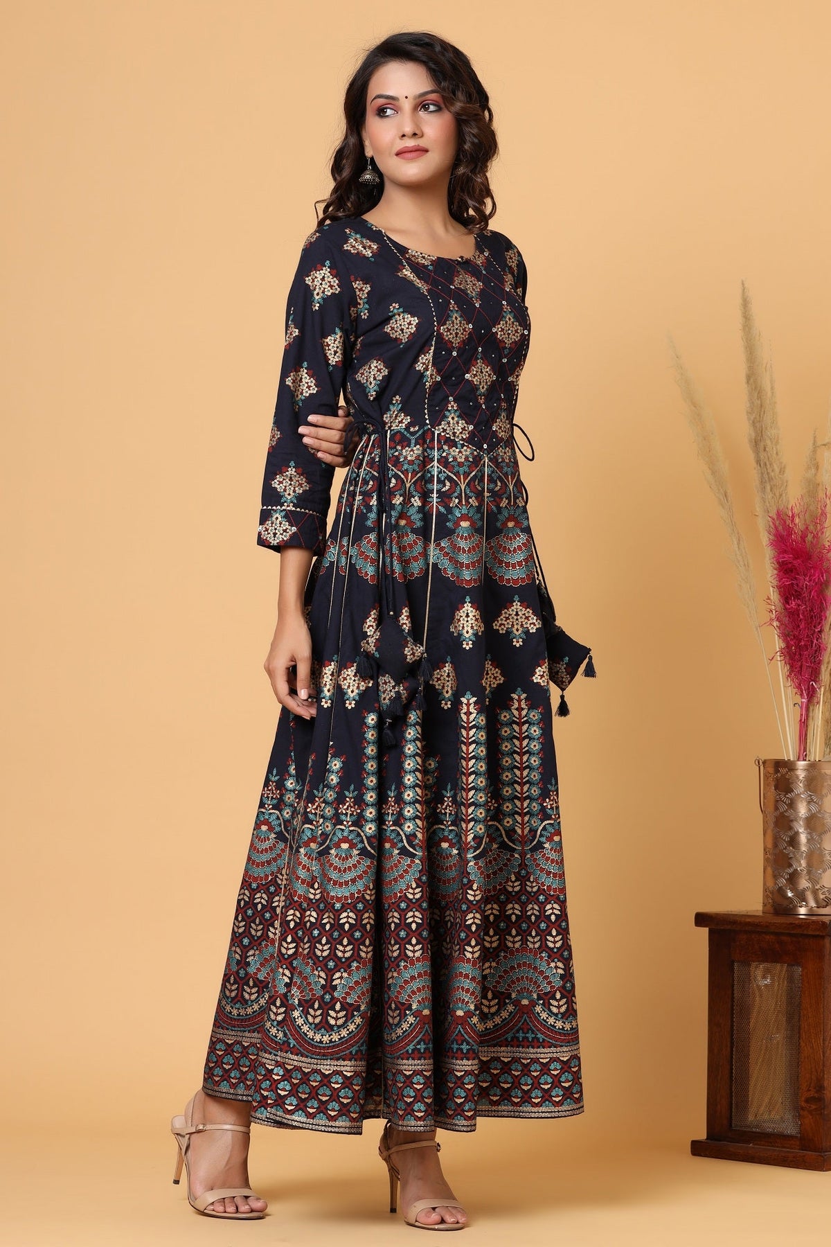 Kaajh Blue Gold Printed Embellishment Anarkali Kurta For Women | Grocsy