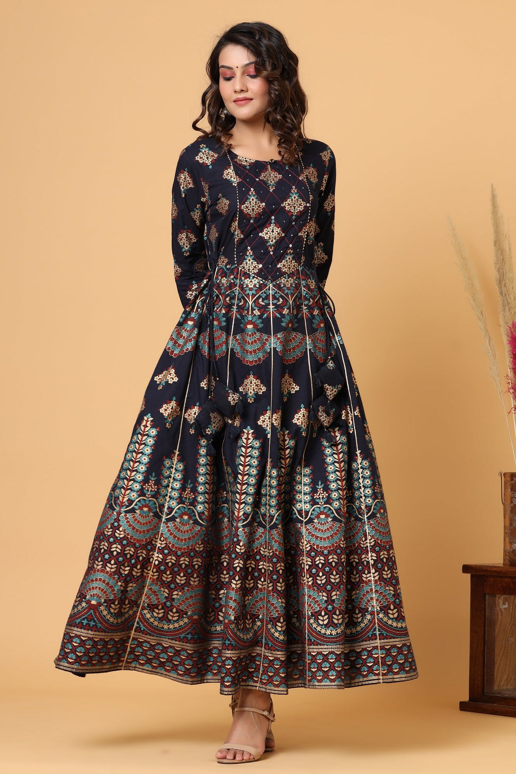 Kaajh Blue Gold Printed Embellishment Anarkali Kurta For Women | Grocsy