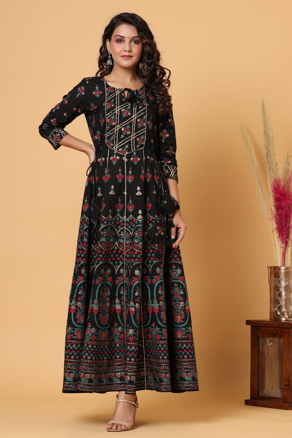 Kaajh Women's Black Gold Printed Embellishment Anarkali Kurta | Grocsy