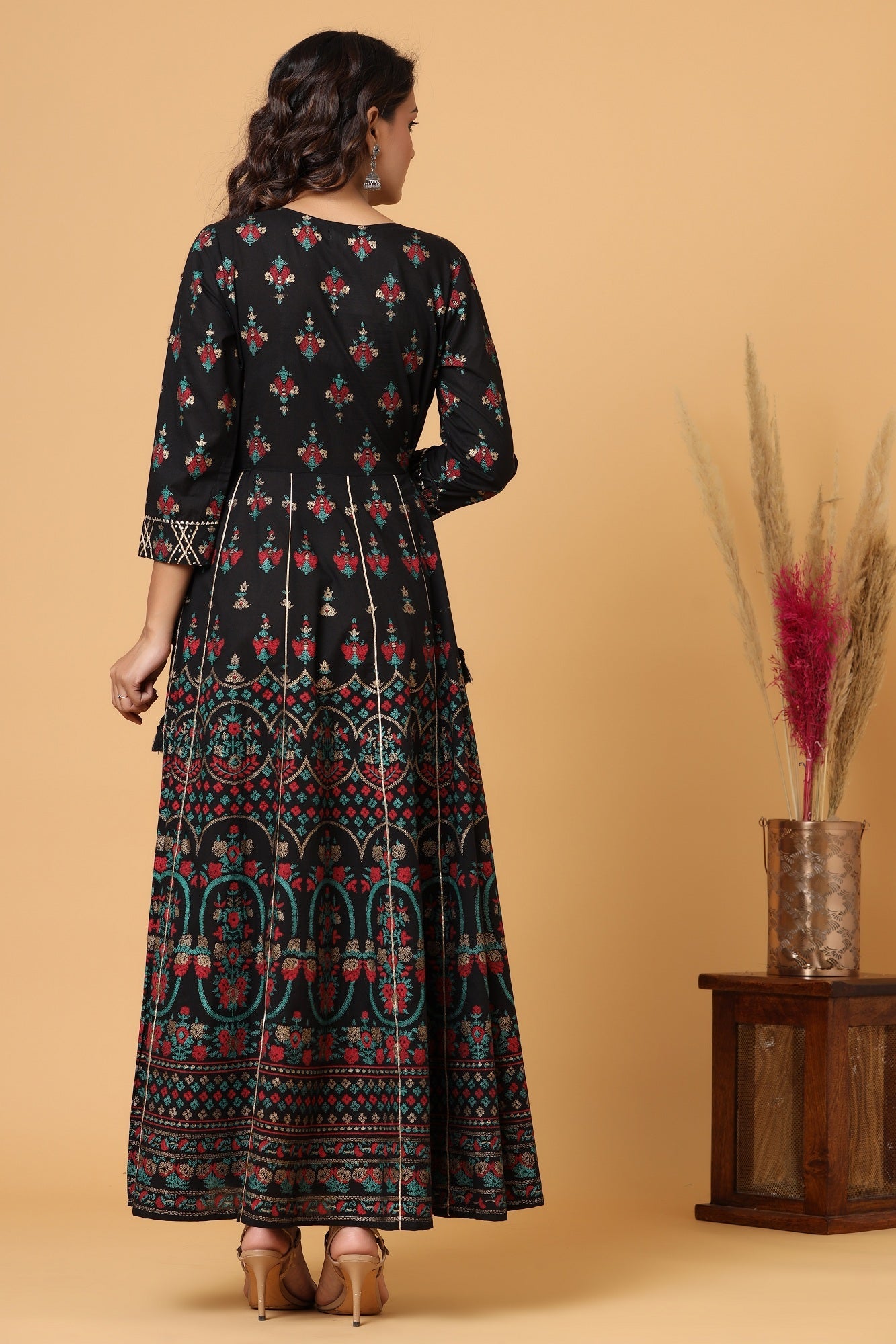 Kaajh Women's Black Gold Printed Embellishment Anarkali Kurta | Grocsy