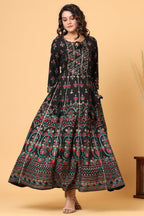 Kaajh Women's Black Gold Printed Embellishment Anarkali Kurta | Grocsy