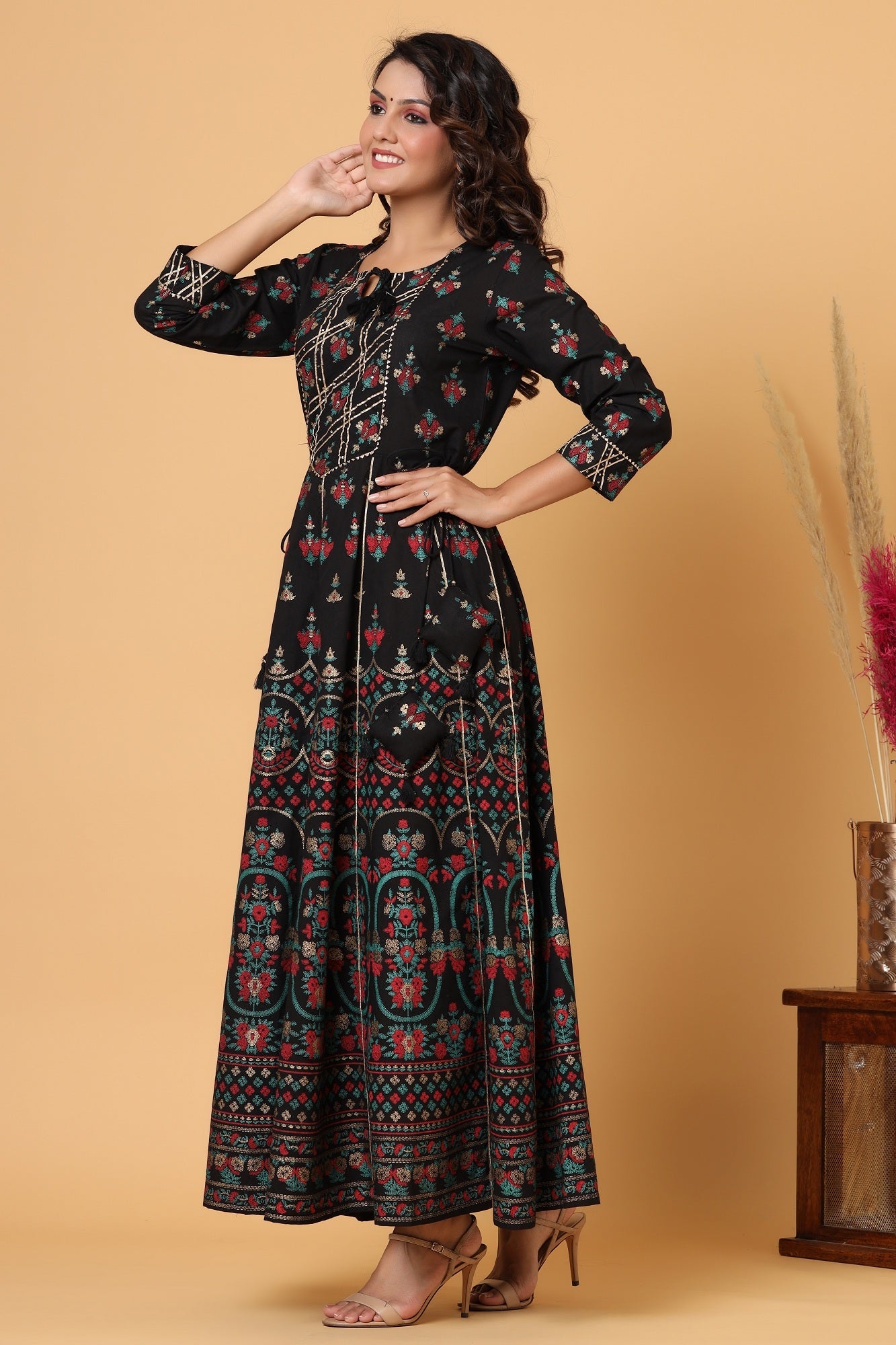 Kaajh Women's Black Gold Printed Embellishment Anarkali Kurta | Grocsy