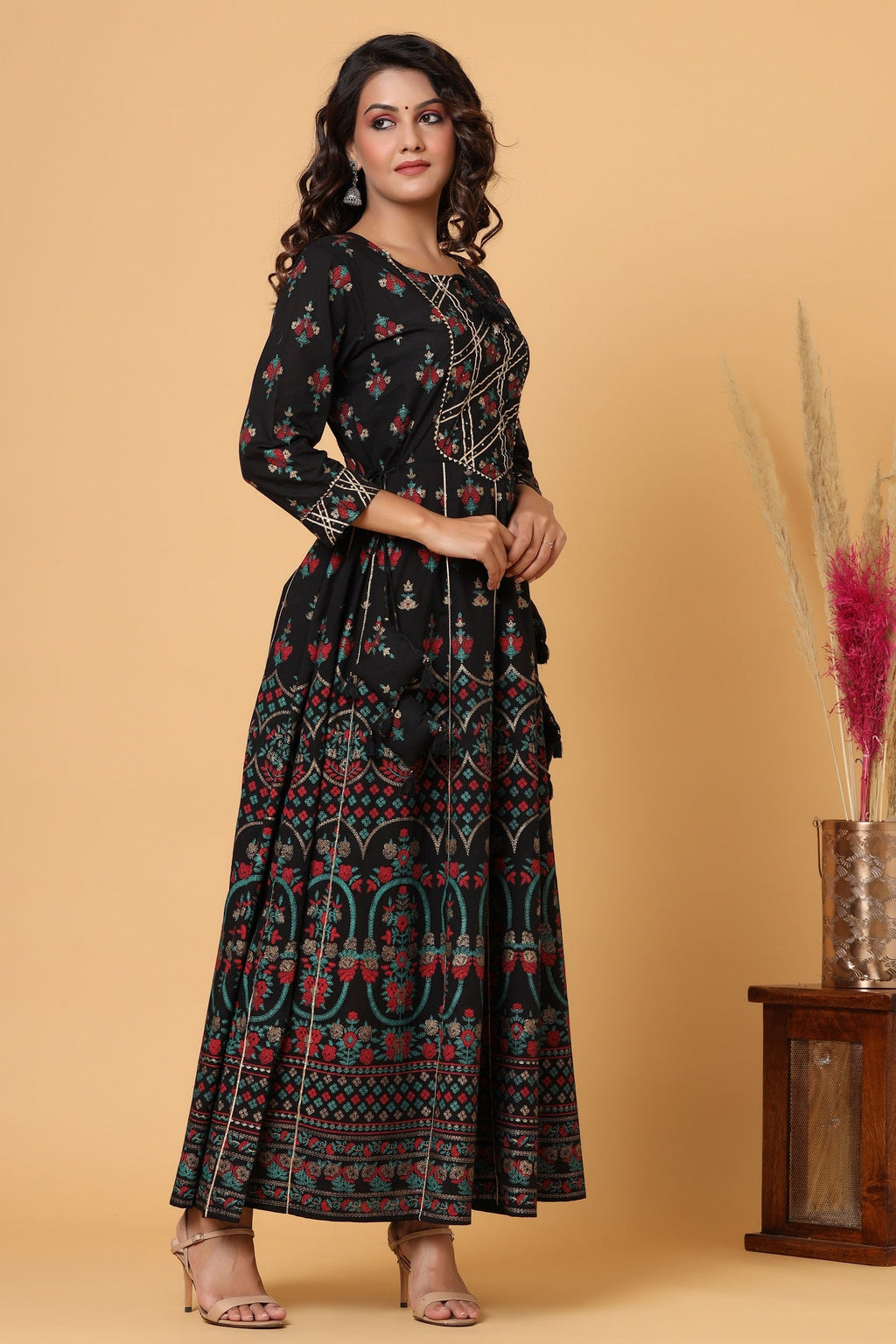 Kaajh Women's Black Gold Printed Embellishment Anarkali Kurta | Grocsy