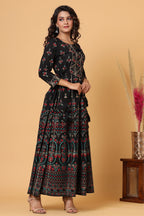 Kaajh Women's Black Gold Printed Embellishment Anarkali Kurta | Grocsy