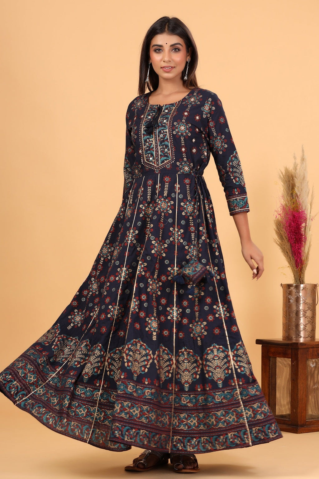 Kaajh Women's Blue Gold Printed Embellishment Anarkali Kurta | Grocsy