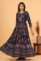 Kaajh Women's Blue Gold Printed Embellishment Anarkali Kurta | Grocsy