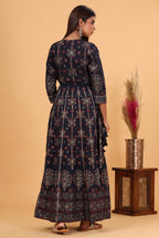 Kaajh Women's Blue Gold Printed Embellishment Anarkali Kurta | Grocsy