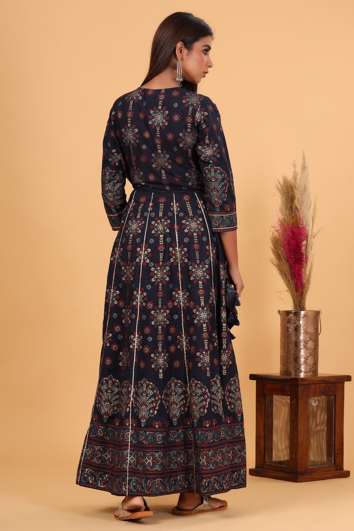 Kaajh Women's Blue Gold Printed Embellishment Anarkali Kurta | Grocsy
