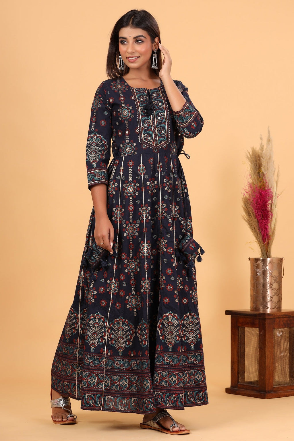 Kaajh Women's Blue Gold Printed Embellishment Anarkali Kurta | Grocsy