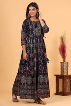 Kaajh Women's Blue Gold Printed Embellishment Anarkali Kurta | Grocsy