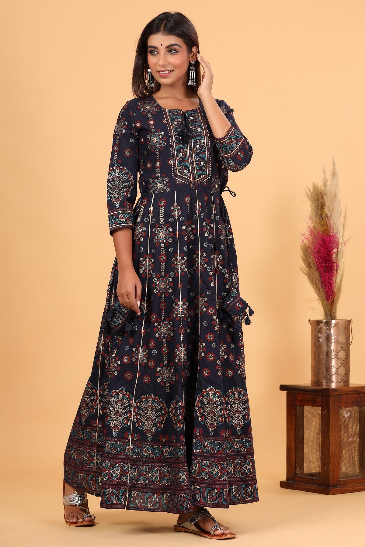 Kaajh Women's Blue Gold Printed Embellishment Anarkali Kurta | Grocsy