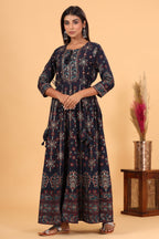 Kaajh Women's Blue Gold Printed Embellishment Anarkali Kurta | Grocsy