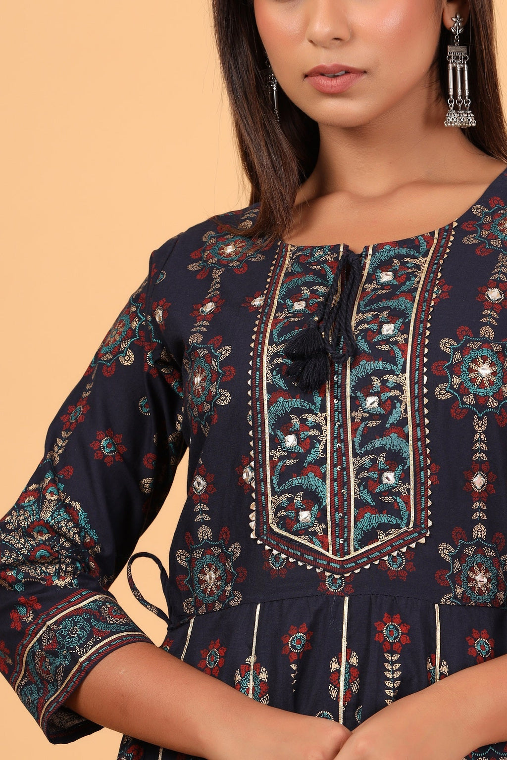 Kaajh Women's Blue Gold Printed Embellishment Anarkali Kurta | Grocsy
