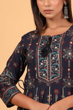 Kaajh Women's Blue Gold Printed Embellishment Anarkali Kurta | Grocsy