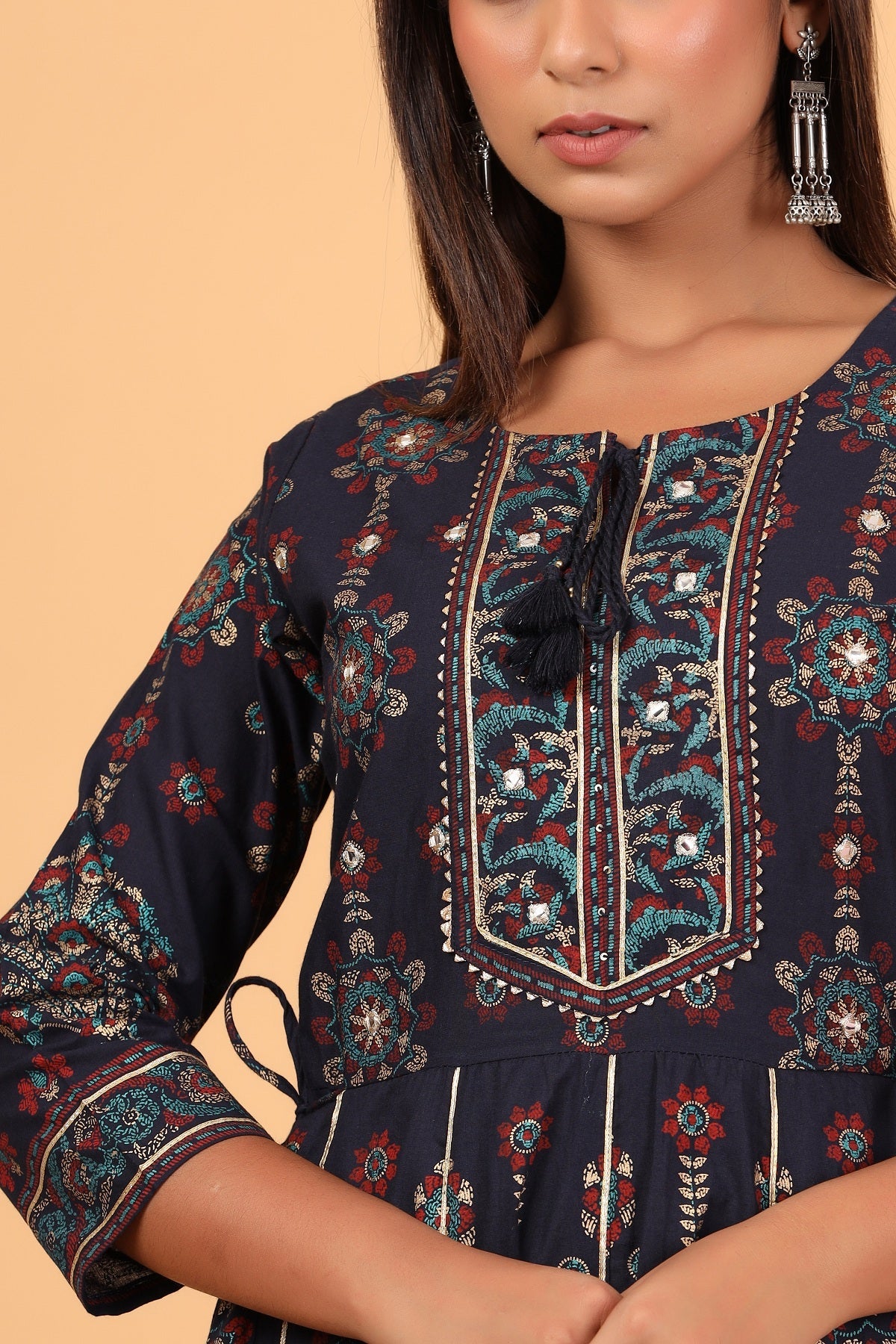 Kaajh Women's Blue Gold Printed Embellishment Anarkali Kurta | Grocsy