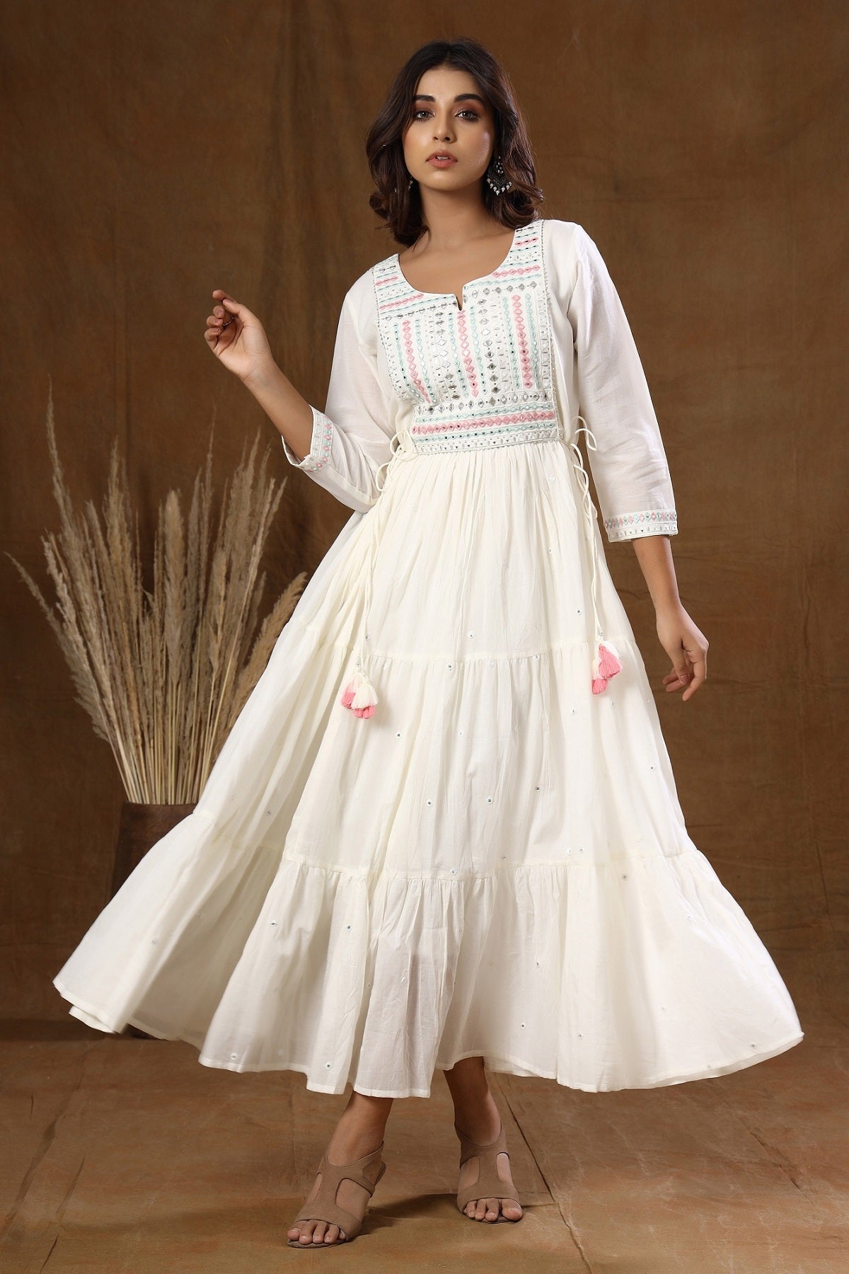 Kaajh Women's White Mirror Embellishment Anarkali Kurta | Grocsy