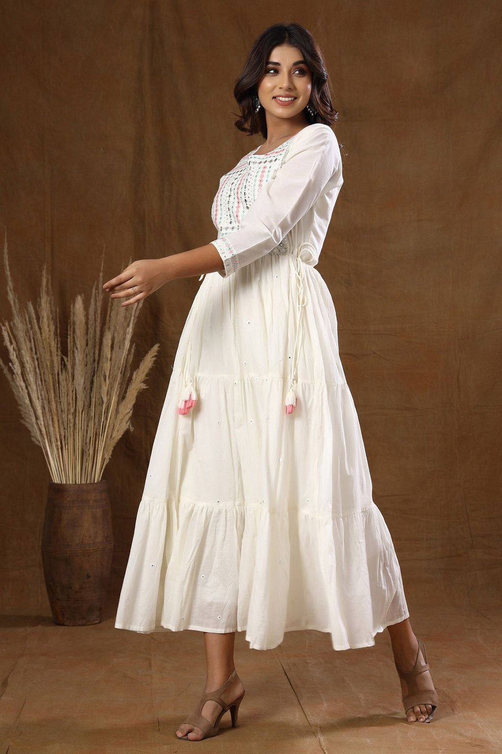 Kaajh Women's White Mirror Embellishment Anarkali Kurta | Grocsy
