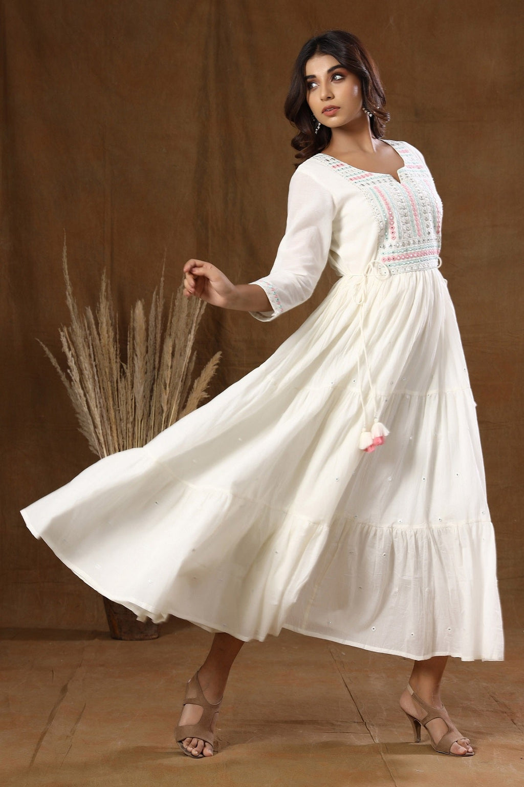Kaajh Women's White Mirror Embellishment Anarkali Kurta | Grocsy