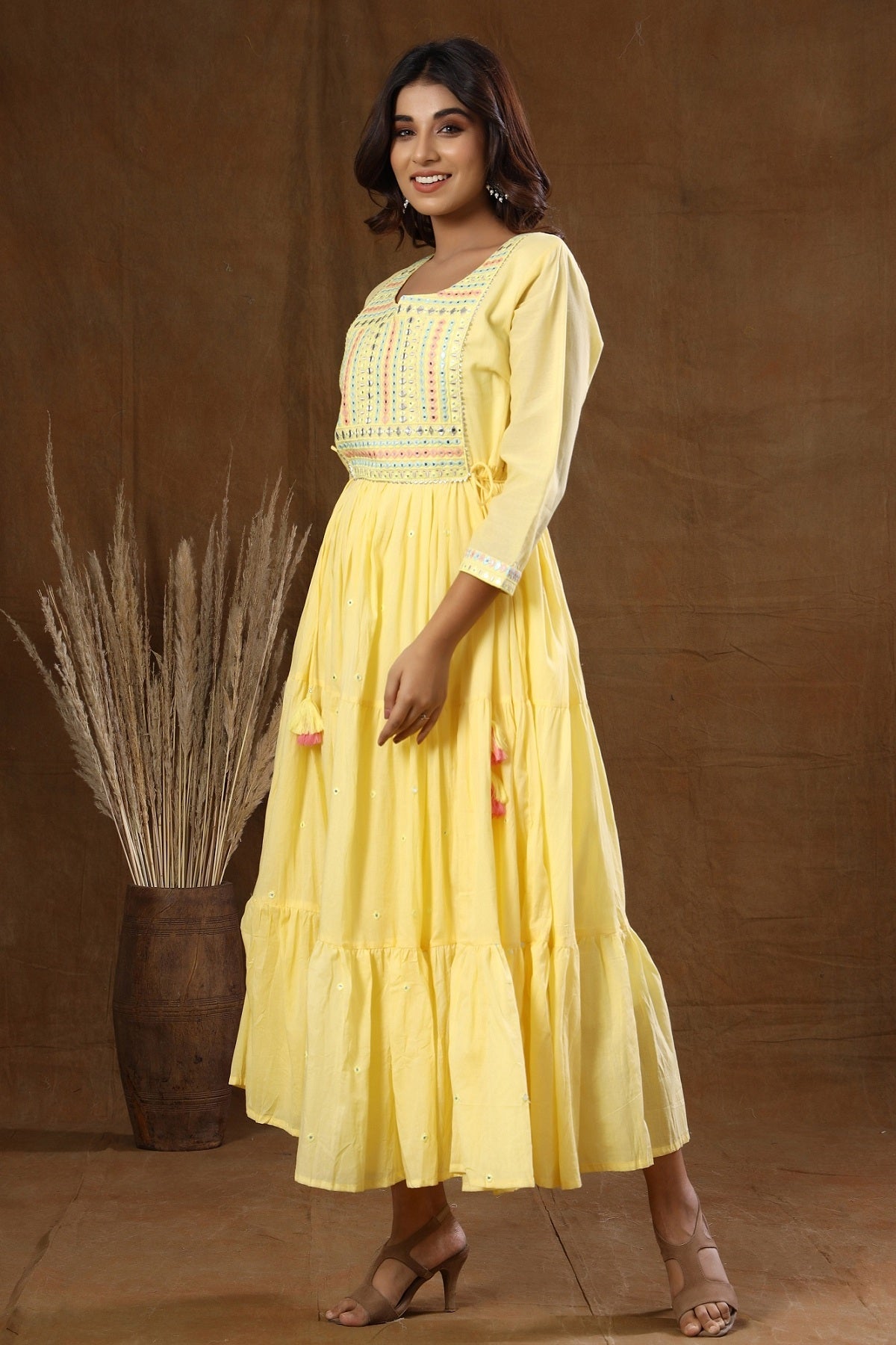 Kaajh Women's Yellow Mirror Embellishment Anarkali Kurta | Grocsy