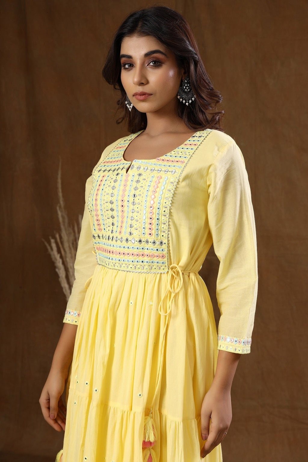 Kaajh Women's Yellow Mirror Embellishment Anarkali Kurta | Grocsy