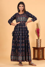 Kaajh Women's Blue Gold Print Embellishment Anarkali Kurta | Grocsy