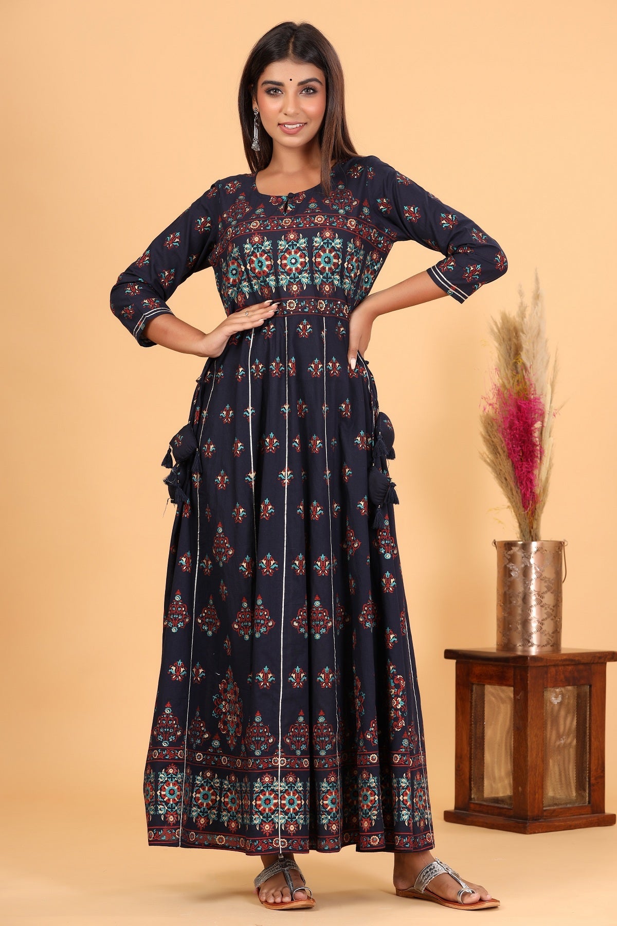 Kaajh Women's Blue Gold Print Embellishment Anarkali Kurta | Grocsy