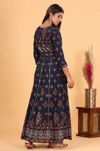 Kaajh Women's Blue Gold Print Embellishment Anarkali Kurta | Grocsy