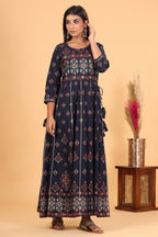 Kaajh Women's Blue Gold Print Embellishment Anarkali Kurta | Grocsy
