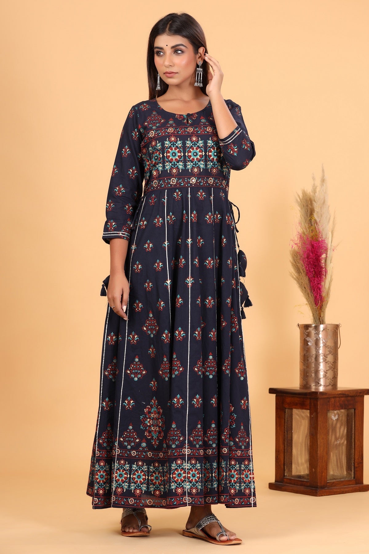 Kaajh Women's Blue Gold Print Embellishment Anarkali Kurta | Grocsy
