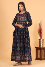 Kaajh Women's Blue Gold Print Embellishment Anarkali Kurta | Grocsy