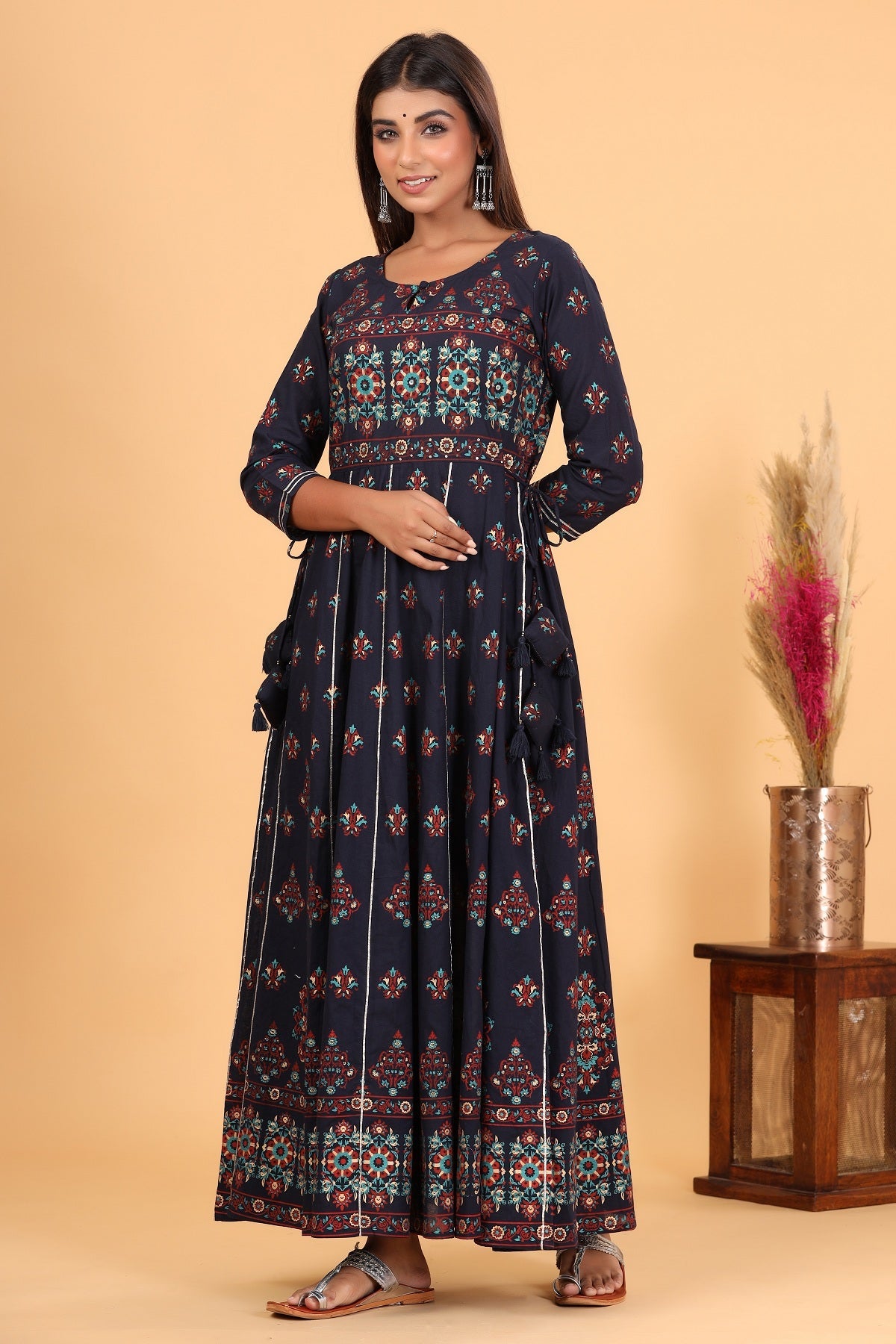 Kaajh Women's Blue Gold Print Embellishment Anarkali Kurta | Grocsy