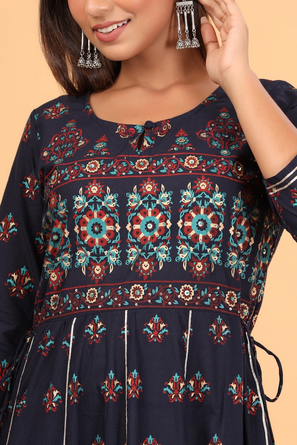 Kaajh Women's Blue Gold Print Embellishment Anarkali Kurta | Grocsy