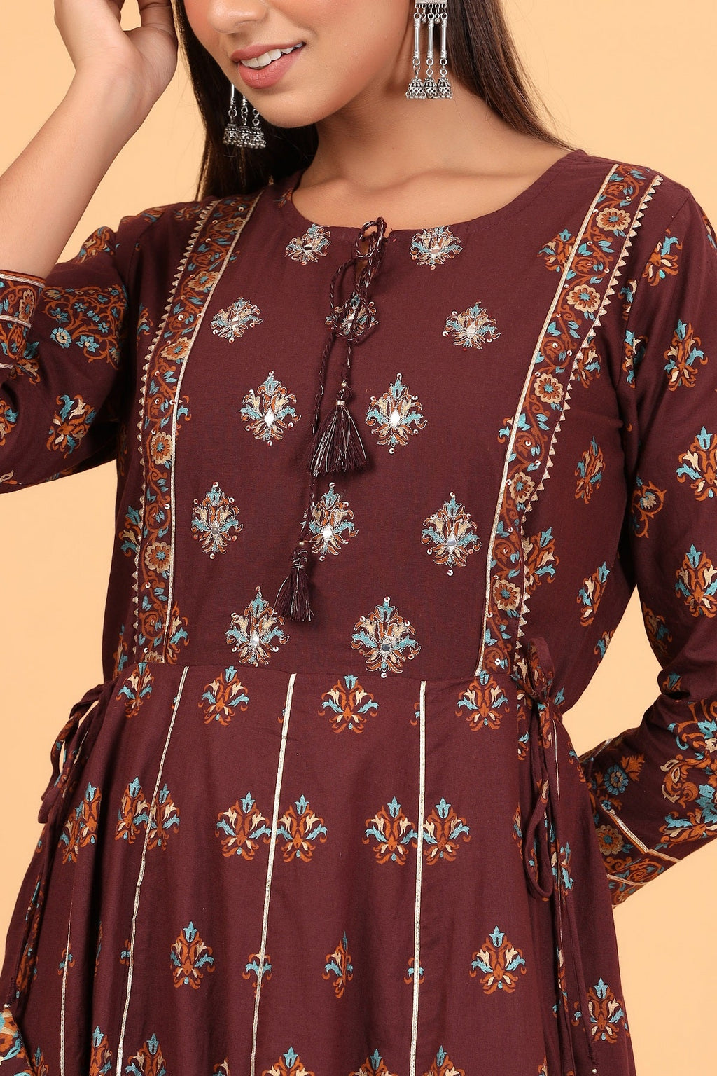 Kaajh Women's Maroon Printed Embellishment Anarkali Kurta | Grocsy