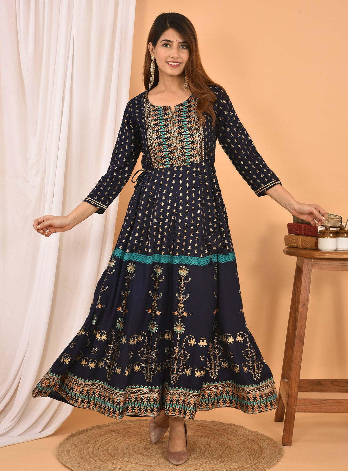 Kaajh Women's Blue Green Gold Print Embellishment Anarkali Kurta | Grocsy