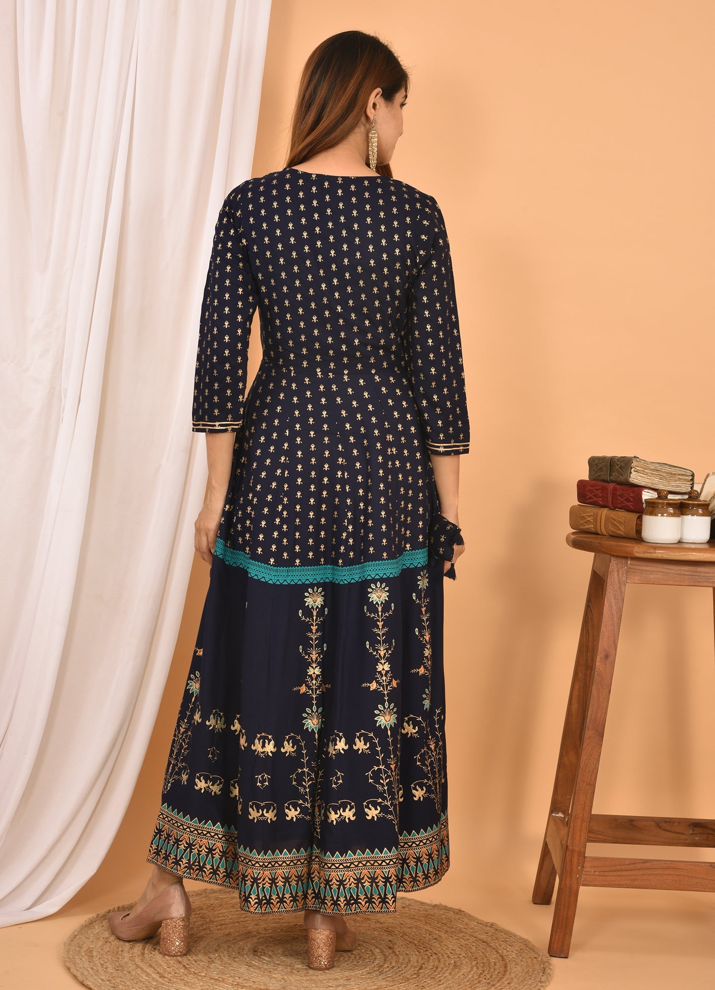 Kaajh Women's Blue Green Gold Print Embellishment Anarkali Kurta | Grocsy