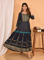 Kaajh Women's Blue Green Gold Print Embellishment Anarkali Kurta | Grocsy